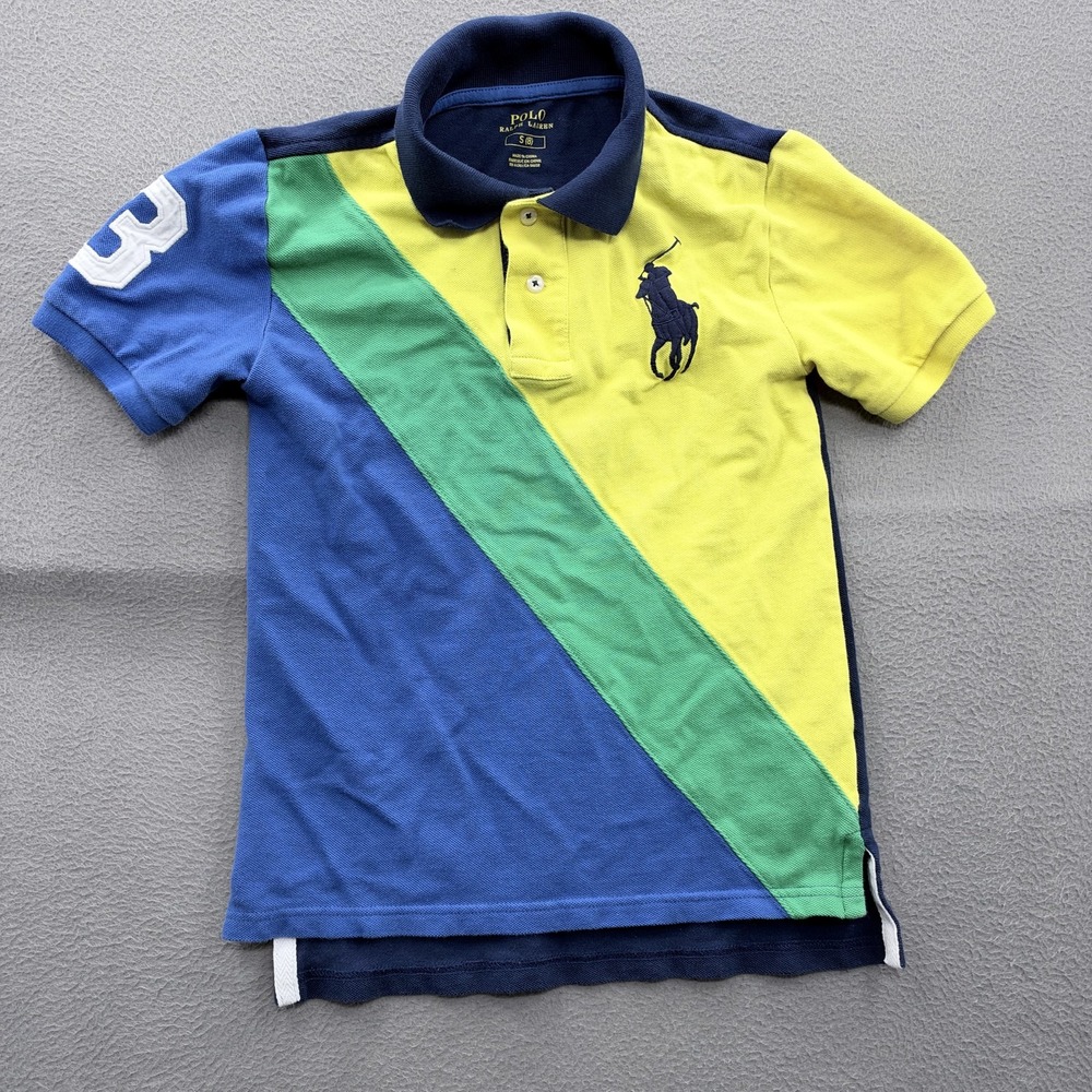 Polo Ralph Lauren Polo Shirt Boys Small 8 Blue Colorblock Big Pony No 3 Logo